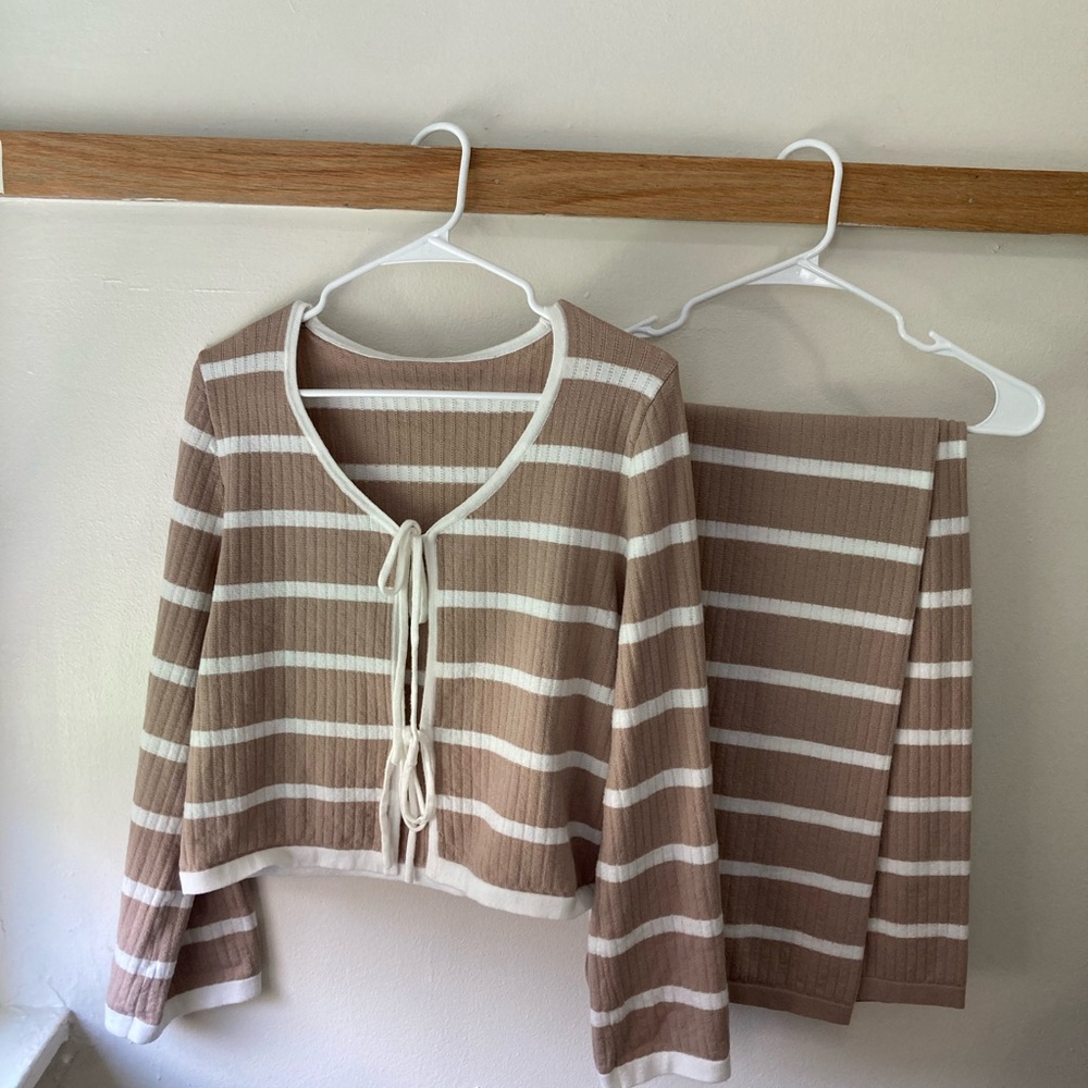 Striped Tan and White Knit Top and Pant Set